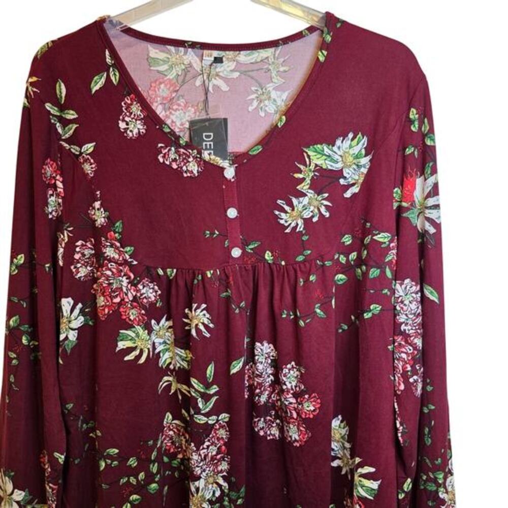 Floral Tunic Baby Doll Henley Top Empire Waist Sz 14 W Plus Burgundy Red Flare - Picture 5 of 12